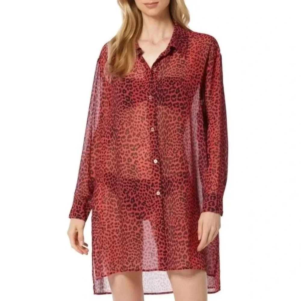 Michael Kors Women Animal Print Sheer Cover Up Red‎ Sea Coral Size L